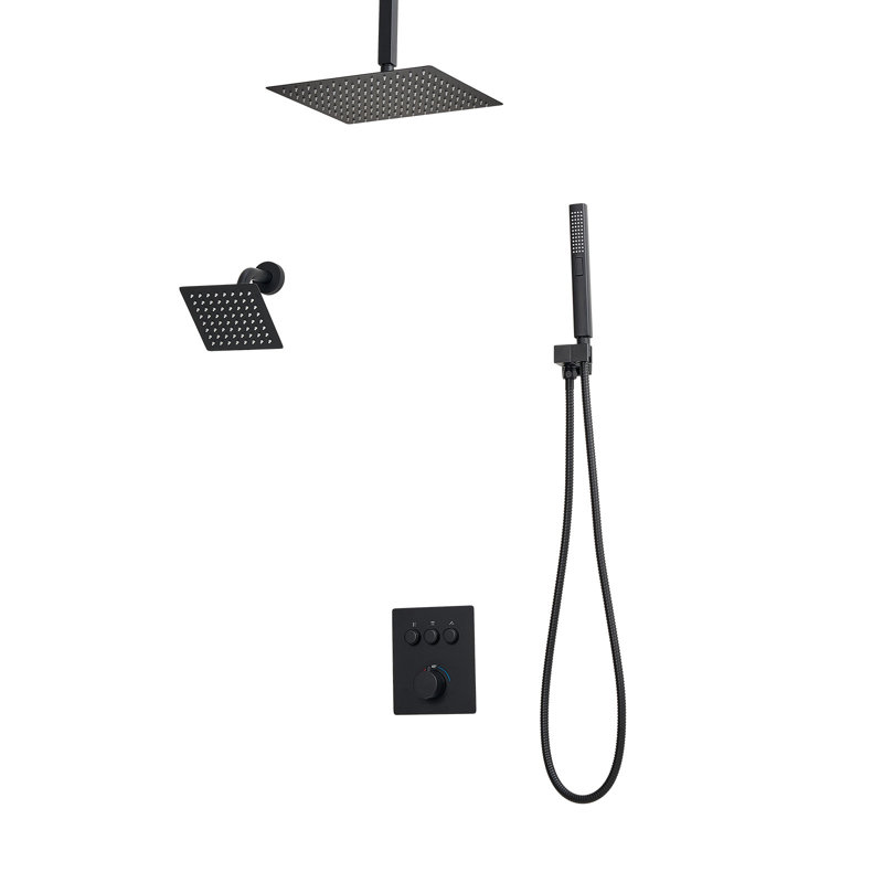 Shower Faucet Set, 12 Inch Thermostatic Ceiling Mount Rainfall Shower System with 6 Inch Wall Mount Head and 2 in 1 Handheld Spray, 3-Function Dual Rain Head Brass Valve & Trim Kit, Matte Black