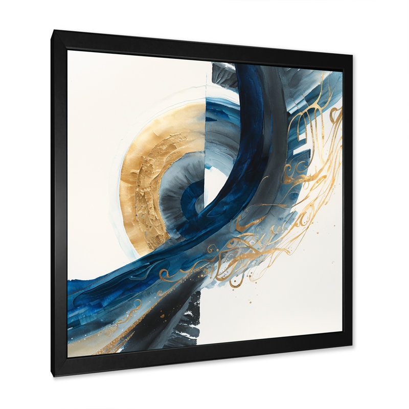 «Blue and Gold Swirl Abstract VI», peinture sur toile, H 16 po x l 16 po x P 1 po, Cadre photo noir