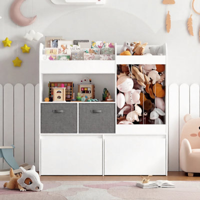 Toy Storage Organizer, Stuffed Animal Storage with 2 Toy Organizer Bins & Play Mat, 2 Movable Storage Chest and 3-Tier Bookshelf for Kids Room, Playro by Isabelle & Max