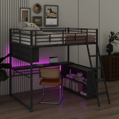 Modern Metal Loft Bed With Integrated LED Lighting, Study Table, And Quad Storage Shelves