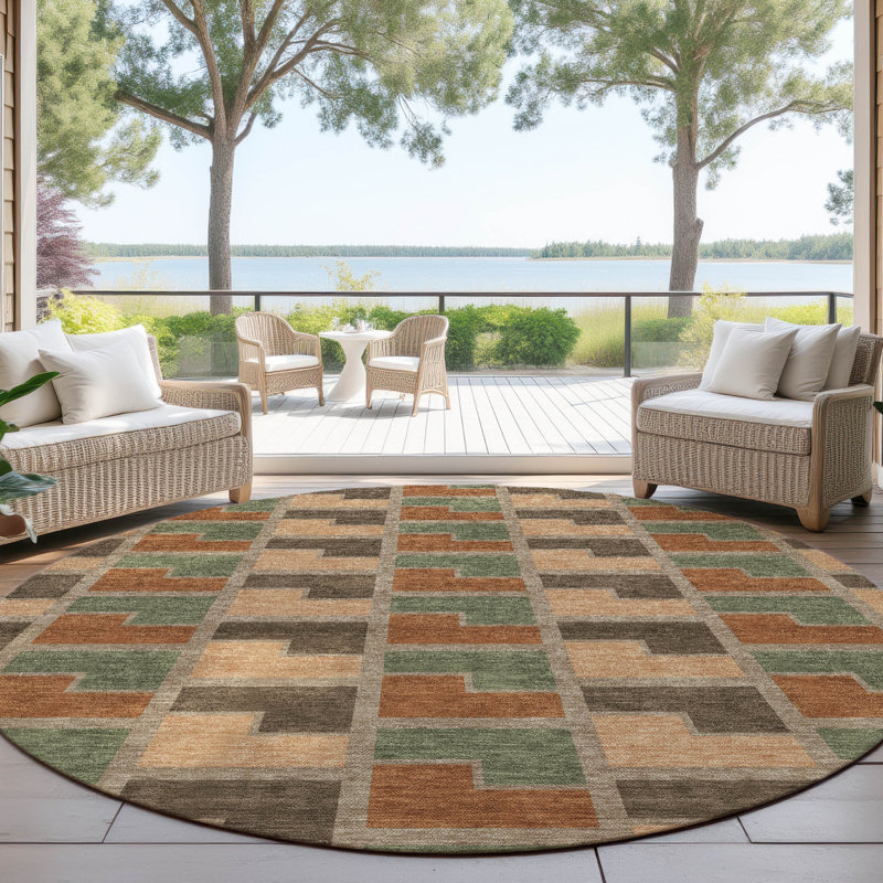 Machine Washable Indoor/Outdoor Lockway ACN2417 Geometric Rug, Round 8'
