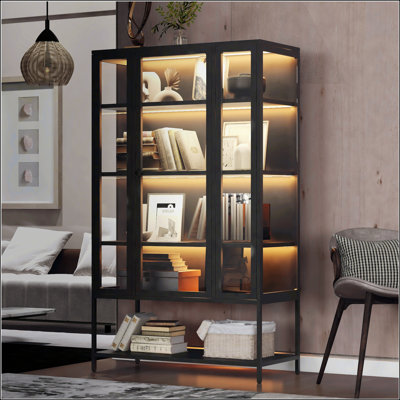 Tall Iron Display Cabinet With Glass Door And LED Lights Steel Curio Cabinet For Collectibles Figures Trophies 3-Sided Glass Display Case For Home Office Study Room Stores Playroom - Black