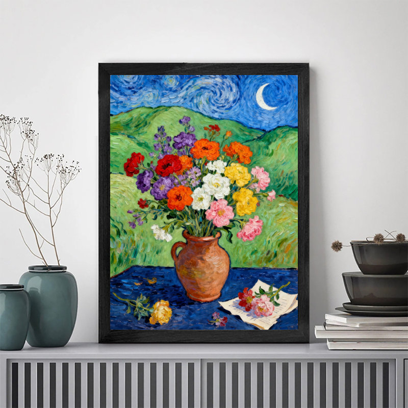 «Black», encadré noir, magnifique arrangement de fleurs à l'huile, art mural, impressions de style rétro, H 11 po x l 9 po