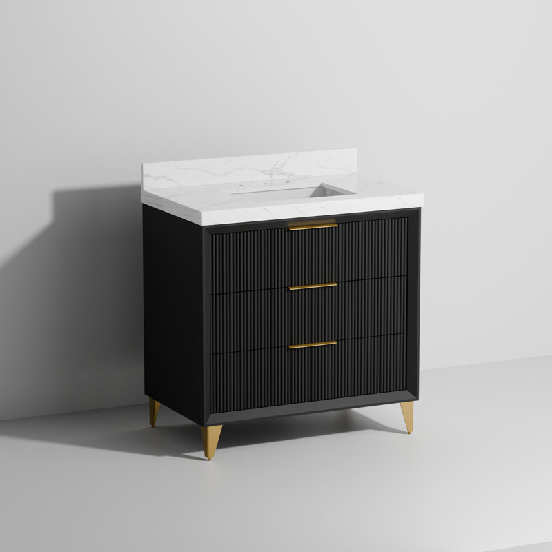 Meuble-lavabo en céramique 36 po avec dosseret, armoire de salle de bain pré-assemblée , Noir, noir, noir, noir