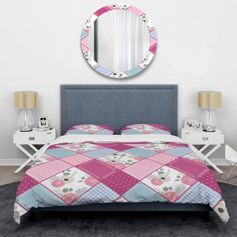 Patchwork floral rose - ensemble de housse de couette abstrait - microfibre de polyester