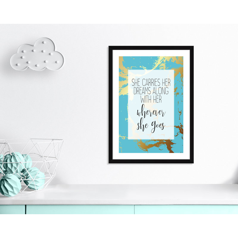 «Whereever she goes», art encadré, H 36,5 po x l 26,5 po x P 0,63 po, Cadre noir