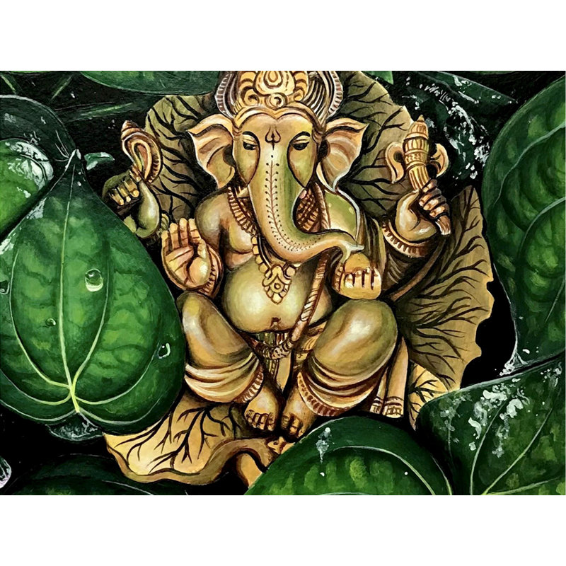 Lord Ganesha sous des feuilles trempées | Acrylique sur papier