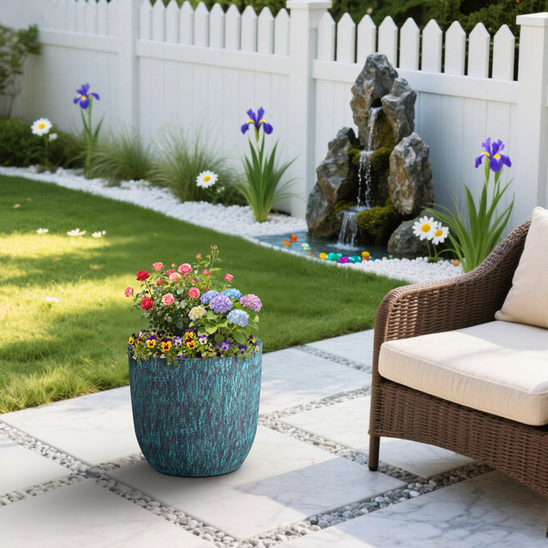 Grand pot à fleurs rond en béton avec trous de drainage pour l'intérieur et l'extérieur, H 15,35 po x l 16,54 po x P 16,54 po