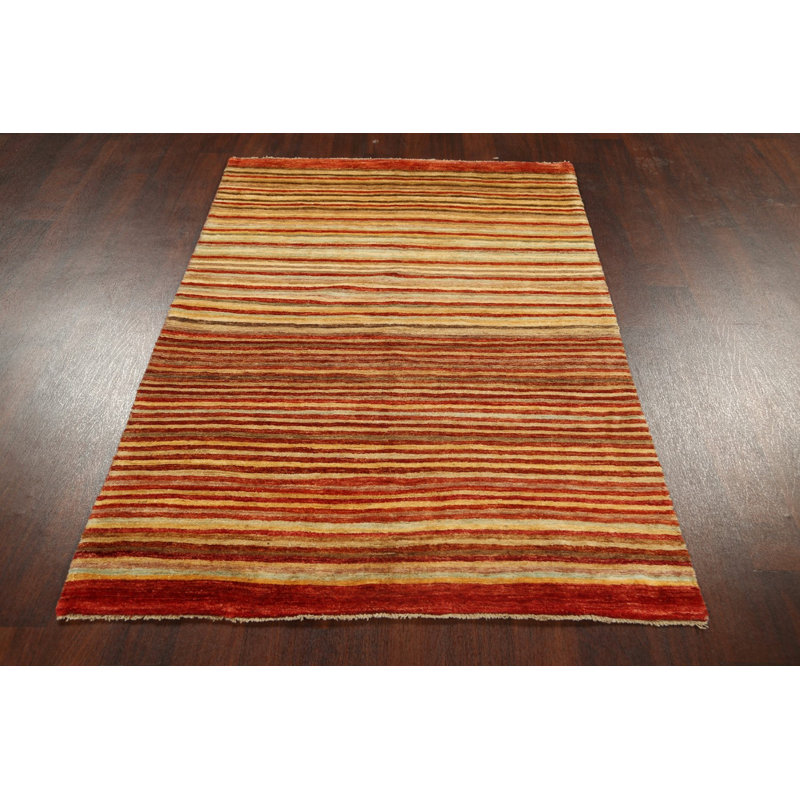 Tapis beige / rouge en laine noué à la main de conception unique 4 pi 2 po x 6 pi 4 po New Age