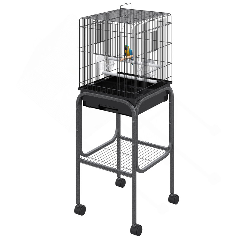 Cage à oiseau en métal, cage à perroquet, volière à oiseaux avec support à roulettes détachable, panier de rangement et accessoires Pawhut