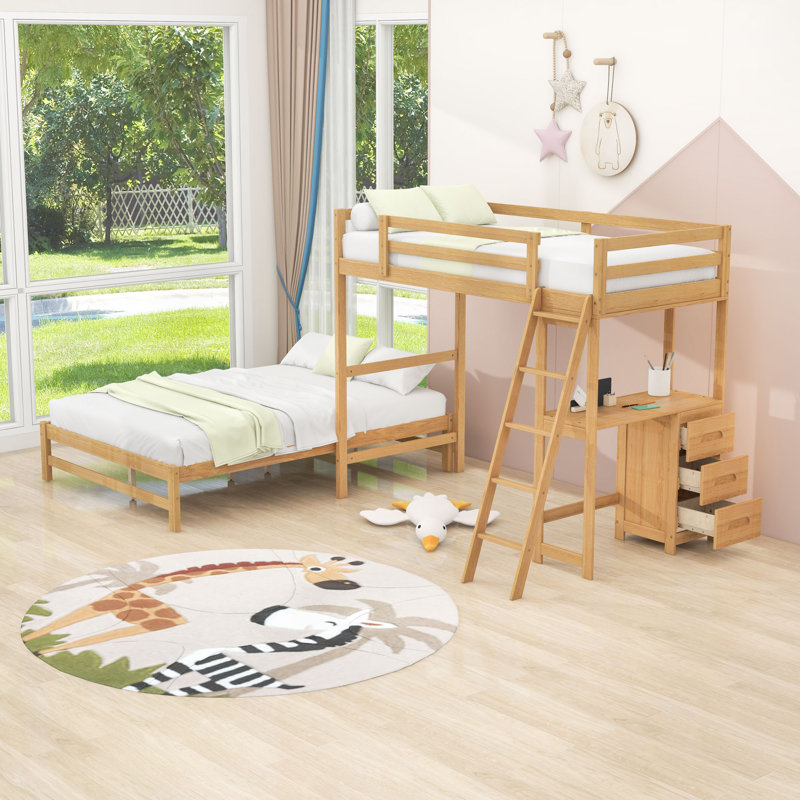 Lit superposé simple au-dessus de 3 tiroirs avec bureau, convertible, Naturel
