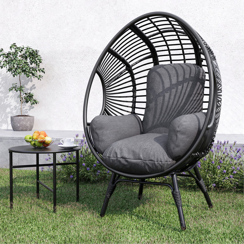 Fauteuil de patio en osier PE, Coussin gris / cadre noir