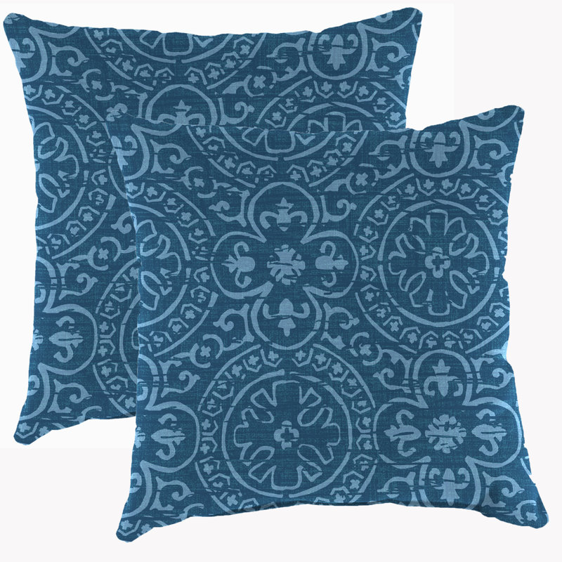 17" x 17" Quasi Tuscan Blue Solid and Medallion Reversible Outdoor Throw Pillow (Set of 2), Blue