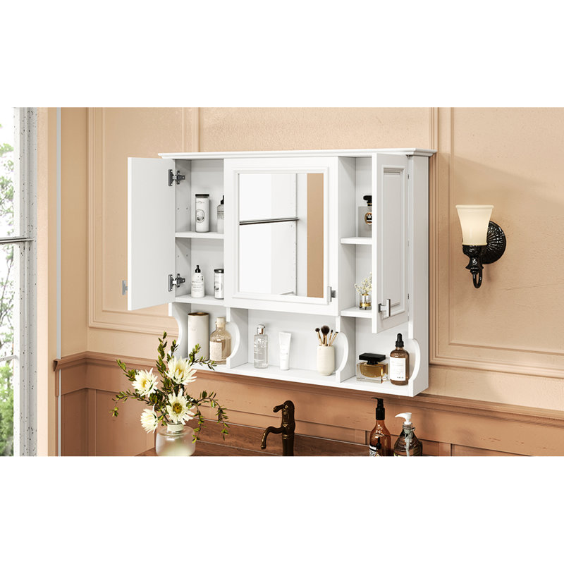 35'' X 28'' Wall Mounted Mirror Cabinet, 3 Doors, Adjustable Shelves, Clear Reflection, For Bathroom And Bedroom Medicine Cabinet 28'', Hidden Storage, Waterproof Panel, Home Organization