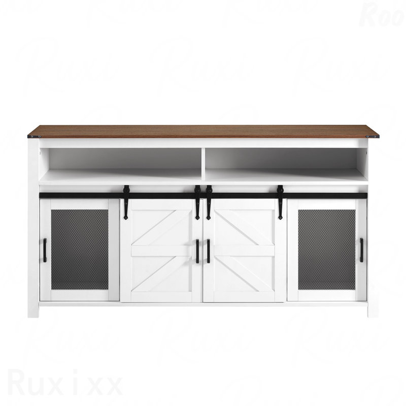 Farmhouse Sideboard With Sliding Barn Door, Mesh Panels And Open Storage, White/Brown