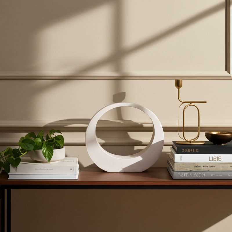 Stoneware Decorative Object Modern Glam Circular Sculptural Accent Piece Geometric Ring Design Freestanding Art Object Contemporary Home Decor Modernist Style Stone Sculpture Single Item