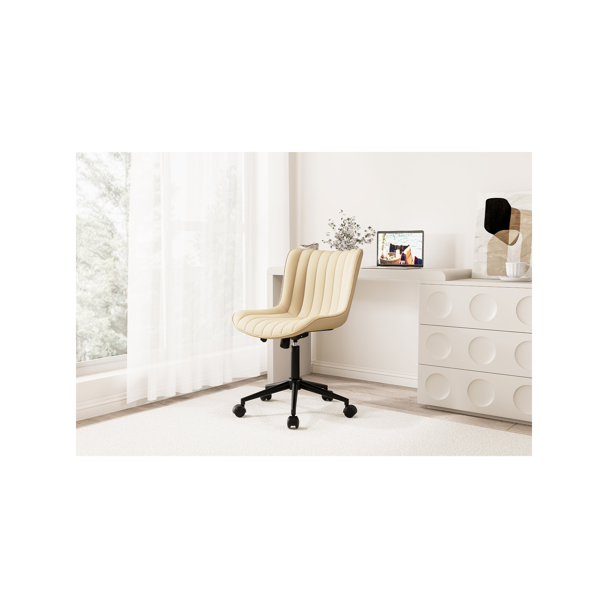 Brionni Leather Upholstered Office Desk Chair Swivel Task Chair Height Adjust Conference Chair, Beige, Black