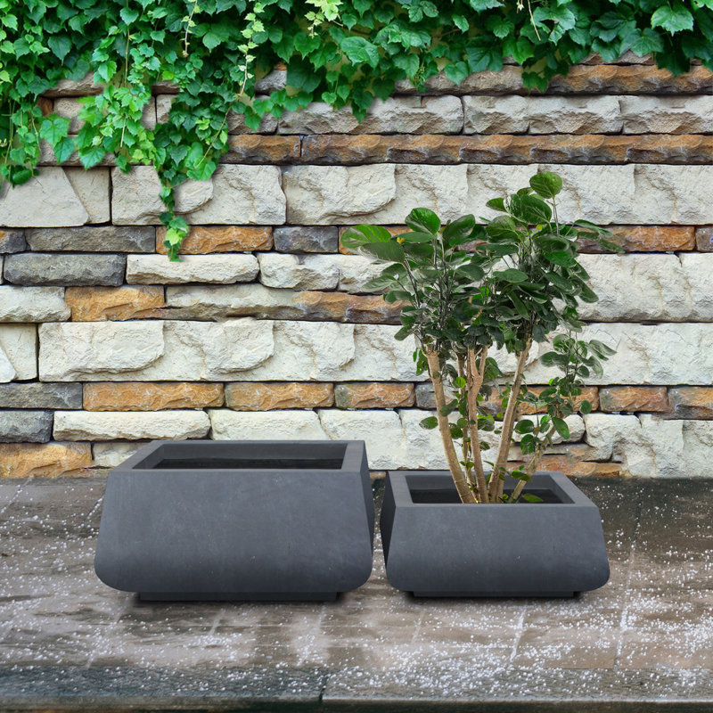 Wurster 2 Piece 21.2" and 16.1"W Square Charcoal Finish Lightweight Concrete/Fiberglass Planters with Drainage Holes (Set of 2), Outdoor Indoor Modern Plant Pots Set