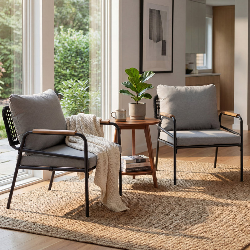 Fauteuil d'extérieur en corde avec coussins, Gris