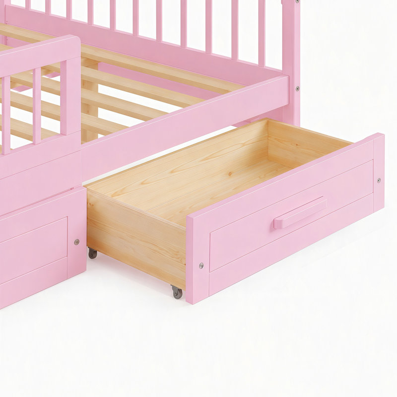 Cadre de lit avec 2 tiroirs de rangement intégrés, lit plateforme en bois avec barrières de sécurité, design bas, sommier à lattes robuste, aucun sommier tapissier nécessaire