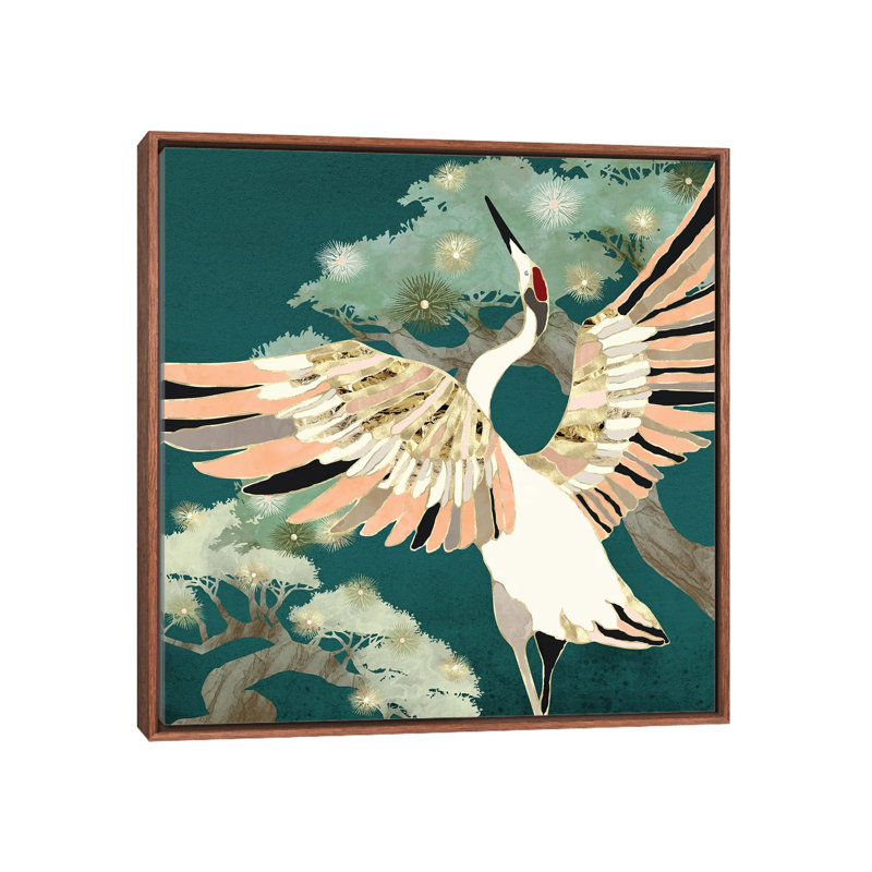 Golden Crane - impression d'art graphique, Aucun mat, H 26 po x l 26 po x P 1,5 po, Toile avec cadre en bois brun classique