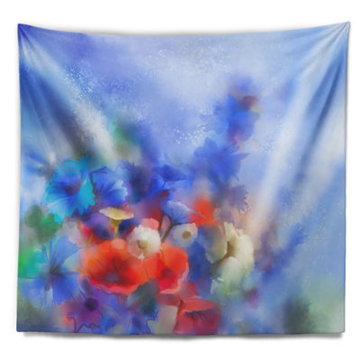 Tapisserie fleurs de maïs bleues et coquelicots rouges