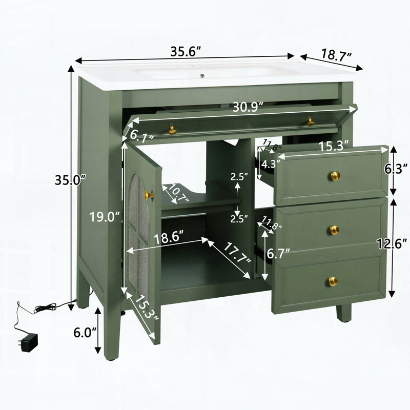 Meuble-lavabo Mid-Century avec capteur de mouvement et verre à motif, vert, Vert
