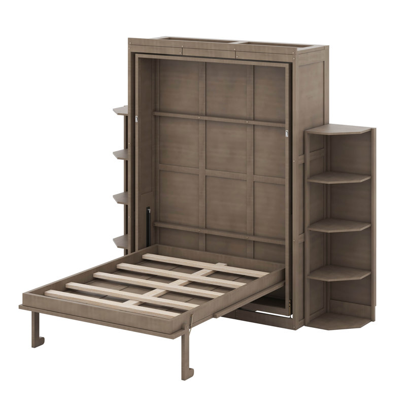 Grand lit escamotable rotatif avec armoire murale cachée, tablettes latérales à 3 niveaux, bureau convertible et supports de rangement supplémentaires