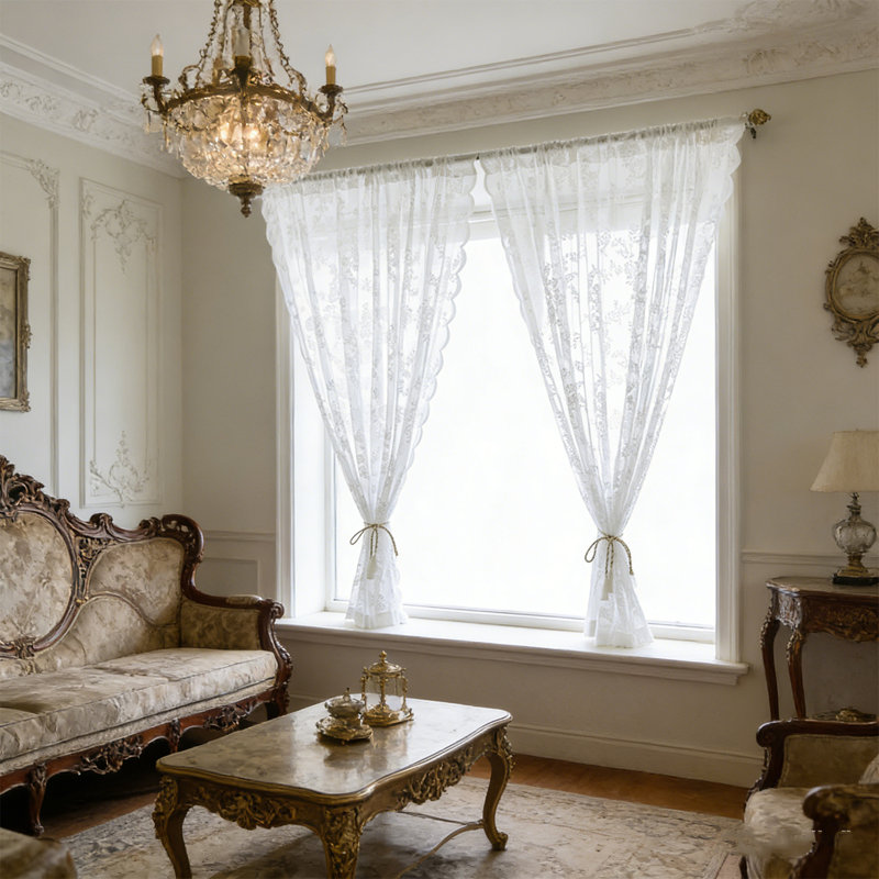 2pcs White Lace Curtains Scalloped Sheer Vintage Embroidered Window Treatment with Rod Pocket for Bedroom Kitchen Sun-Room