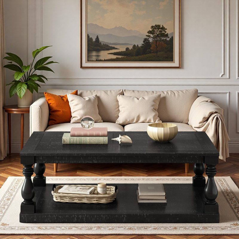 Table basse rétro avec pieds de colonne de vase, placage de pin et tablette inférieure, Noir