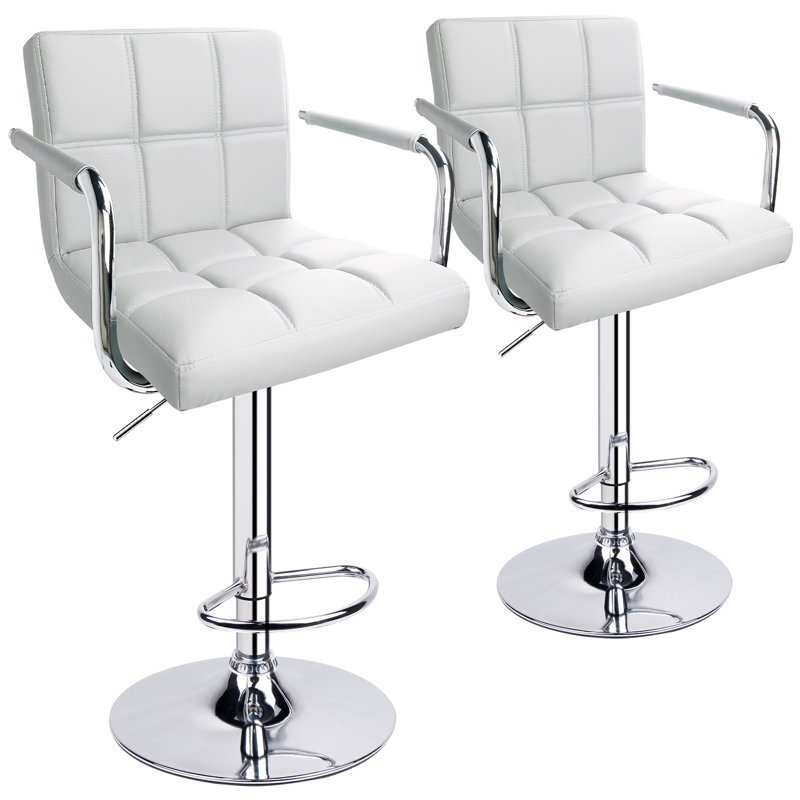 Square Back With Armrest Adjustable 32.5" Bar Stool, White