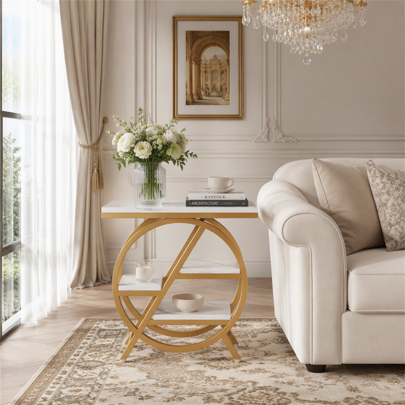 Table de bout à 4 niveaux, petite table d'appoint avec tablettes de rangement, Blanc / doré, Blanc, Doré