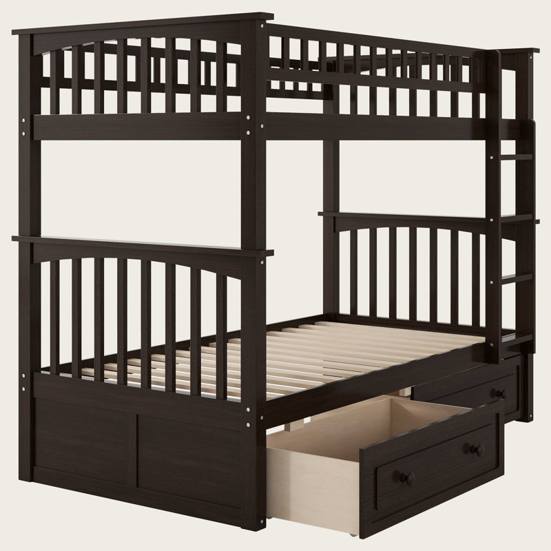 Lit superposé convertible avec tiroirs, structure en bois massif avec barrière de sécurité et rangement sous le lit, Espresso