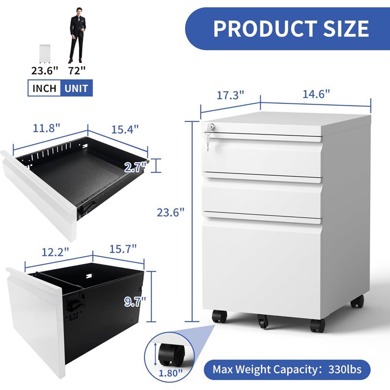 3 Drawer Metal Mobile File Cabinet with Lock for Home Office Fully Assembled, White