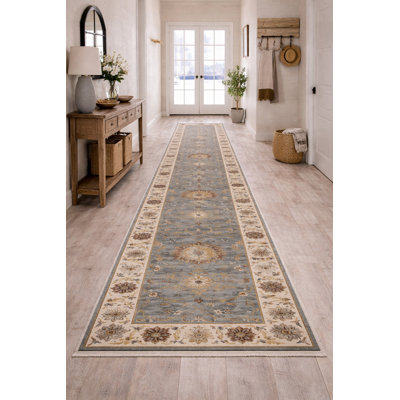 Jhanet Floral Handmade Hand-Knotted Runner 2'5" x 13'9" Wool Area Rug in Blue