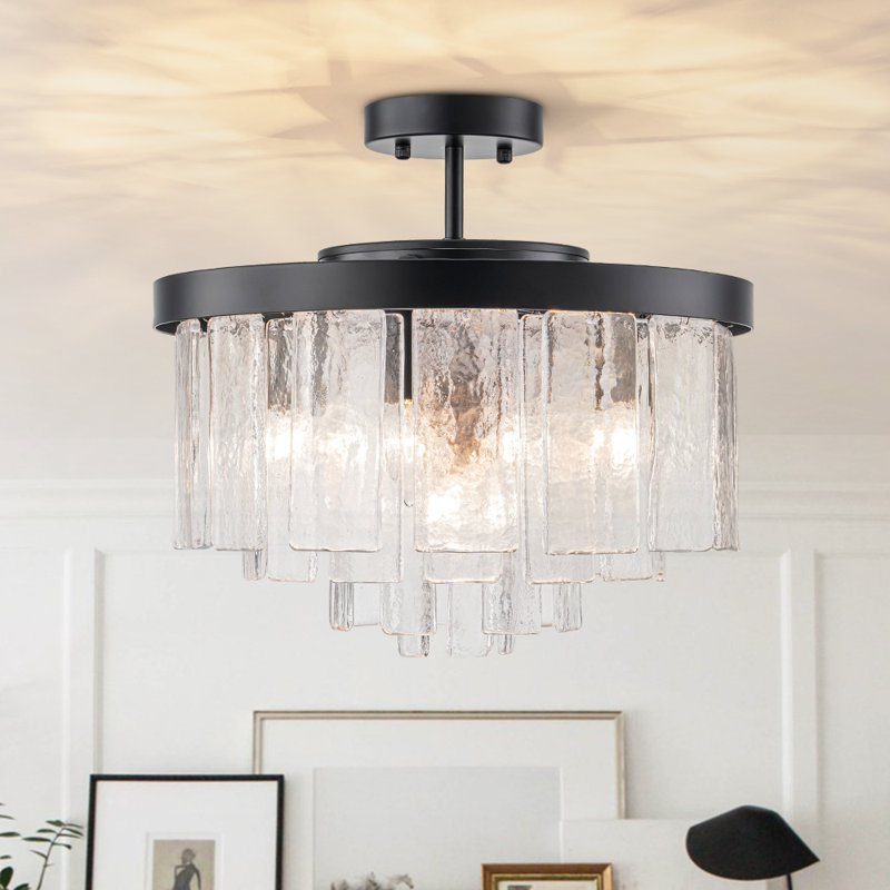 Livingon 5 - Light Tiered Drum Water Glass Ceiling Light, Matte Black