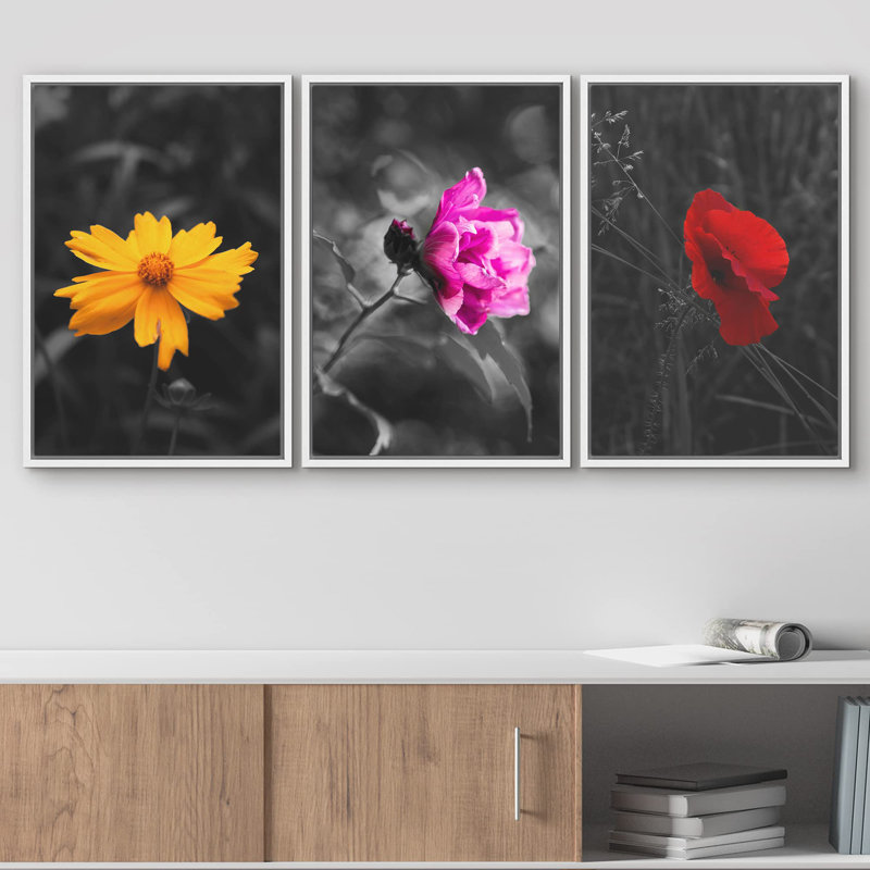 Touche de couleur fleurs sur fond noir et blanc, décoration murale moderne, H 24 po x l 48 po, Cadre flottant blanc