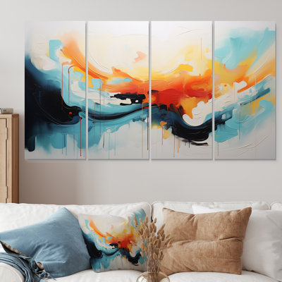 Bleu et orange, vagues abstraites colorées V - peinture abstraite, art mural 4 pièces pour le salon