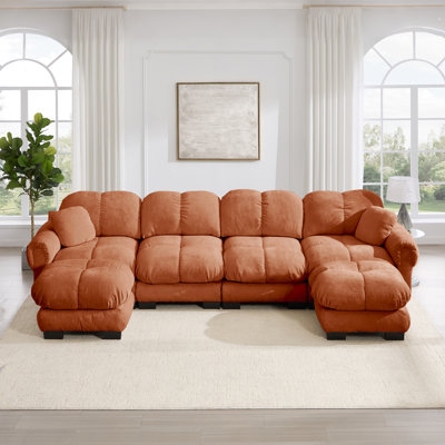 Ensemble de canapé modulaire surdimensionné en chenille avec coussins et 2 repose-pieds, orange terre cuite