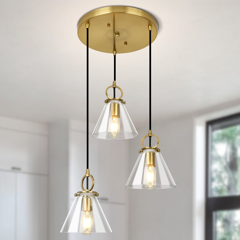 Luminaire suspendu moderne à 3 lumières avec abat-jour conique en verre, Laiton
