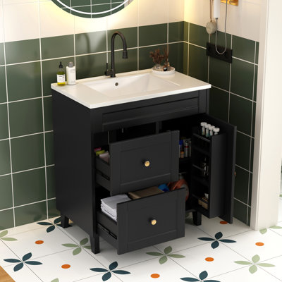 Ensemble de meuble-lavabo de salle de bain avec lavabo, ensemble de meuble-lavabo moderne de 36 po avec porte rabattable, 2 tiroirs et drain, noir