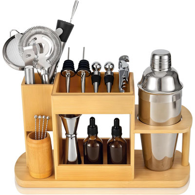  Cocktail Making Dock, 23-piece Cocktail Shaker Set With Versatile Wooden Stand, Easy Access Stainless Steel Bartender Kit All-in-one Home Bar Organization, Premium Gift Set -bamboo