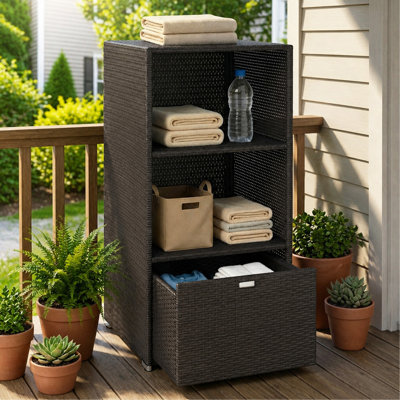 Porte-serviettes de piscine Valet, organisateur de rangement en osier de rotin en plastique PE résistant à l'eau, spa intérieur extérieur et rangement pour accessoires de spa, 2 tablettes, 1 tiroir panier, brun foncé