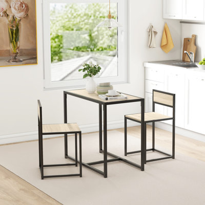 Oak 3-piece Industrial Dining Table Set For 2, Compact Kitchen Table & Chairs Combo, Scratch Resistant Easy Care Breakfast Dining Set For Apartment Dorm