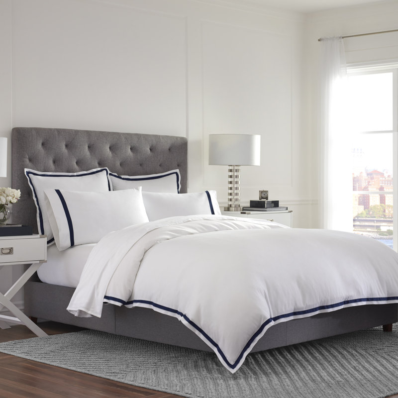Martex 2000 Series UltraSoft Microbrushed Reversible Duvet Cover Set, White/Navy, Full/Queen Duvet Cover + 2 Shams