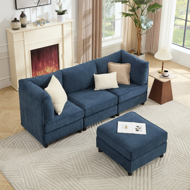 Canapé modulaire en L en chenille avec repose-pieds et siège en L 4, Bleu