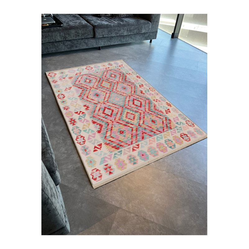 Tapis multicolore bleu et rose lavable à la machine, Sous-tapis rectangulaire de 3 pi 3 po x 4 pi 11 po