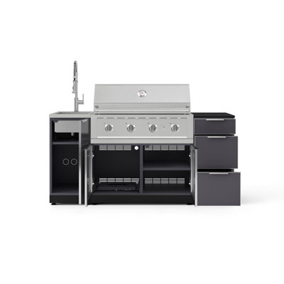 Ensemble d'armoires d'extérieur en aluminium 5 pièces avec évier, 3 tiroirs, armoire de barbecue, barbecue performant 40 po, comptoir noir Dekton 16 po et robinet chromé