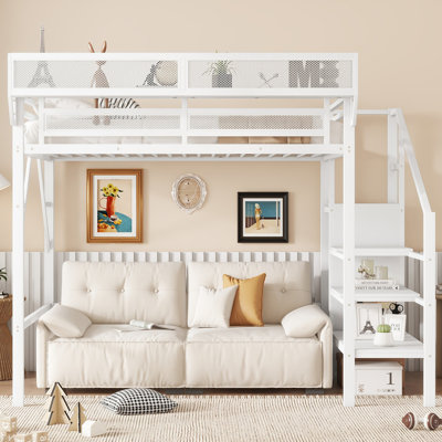 Lit mezzanine simple TG avec escalier, lit mezzanine double en métal avec tablettes de rangement, lit mezzanine haut avec garde-robe pour les enfants adolescents