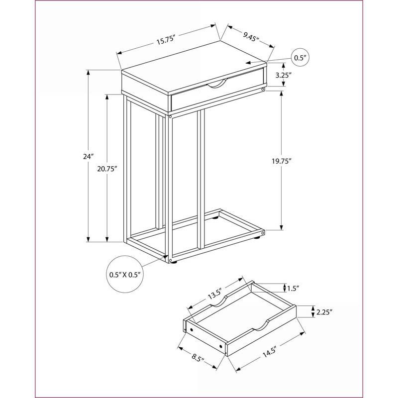 Stratifié blanc peu encombrant Table basse en forme de C gris en métal pour le salon / la chambre à coucher, tiroir de rangement pratique